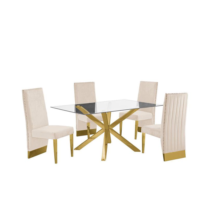 Contemporary 5pc Dining Set, Glass Dining Table w/Stainless Steel Gold Base & Velvet Pleated Chrome Support Dining Chairs, Beige