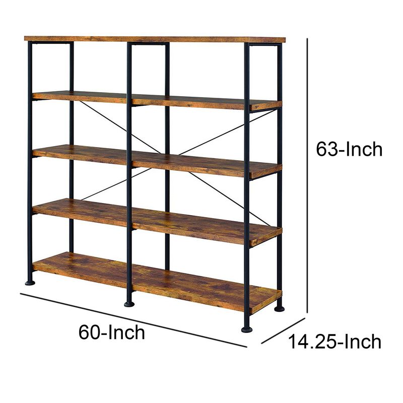 63 Inch Industrial 4 Tier Shelf Bookshelf, Particleboard, Metal Frame, Brown, Black-Benzara
