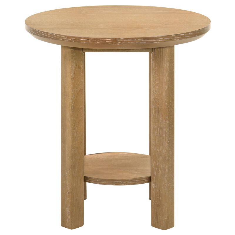 Clera Round Side End Table with Open Shelf, Light Oak Wood 22Inch image number 2