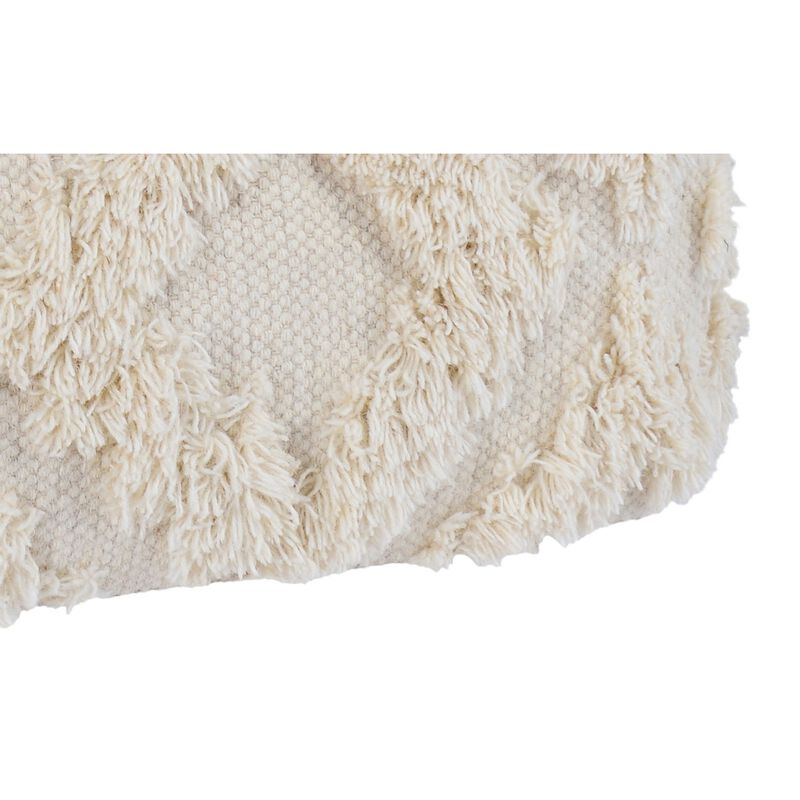 24 Inch Cotton Accent Pouf, Handwoven Textured Geometric Shag, Off White-Benzara