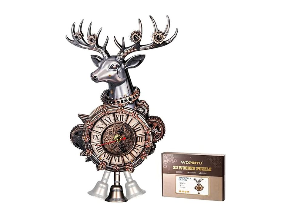 Wooden Puzzle Steampunk Deer Head DIY Wall Clock Wood Home Decor