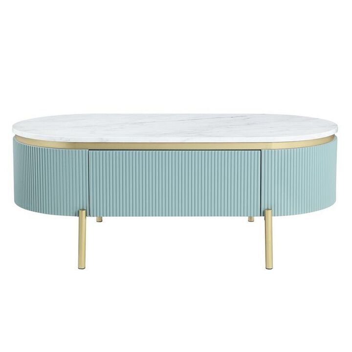 Ville 48 Inch Oblong Coffee Table, White Faux Marble Top, Teal Reeded Edges
