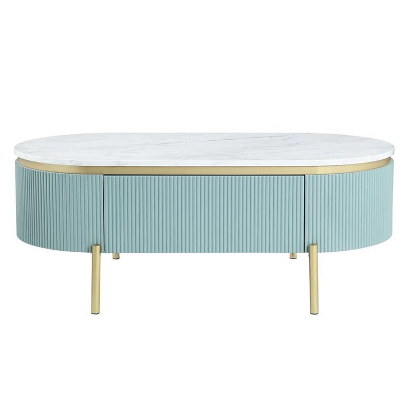Ville 48 Inch Oblong Coffee Table, White Faux Marble Top, Teal Reeded Edges
