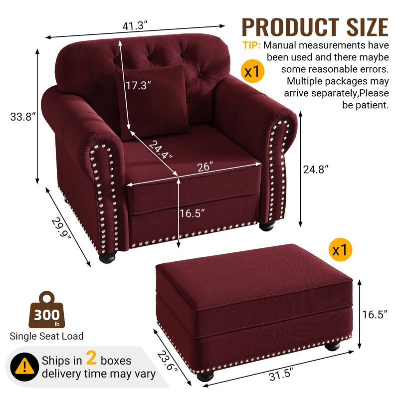 Sasgob Velvet Mid-Century Modern Chesterfield Accent Chair with Ottoman image number 8