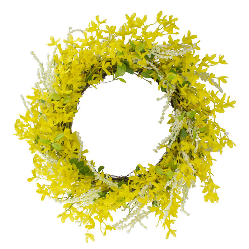 Forsythia and Leaves Artificial Floral Spring Wreath  Yellow - 22-Inch