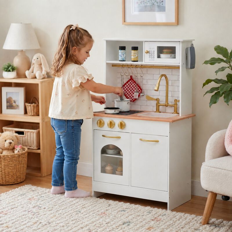 Teamson Kids Little Chef Boston Small Wooden Play Kitchen with Oven, Microwave, Sink, Clicking Knobs, Utensil Hooks and 9 Accessories image number 1