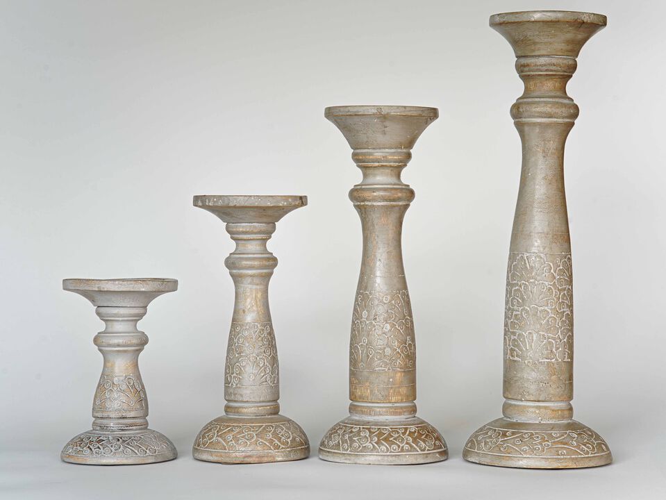 Traditional Gray Wash Eco-friendly Handmade Mango Wood Set Of Four 6",9",12" & 15" Pillar Candle Holder BBH