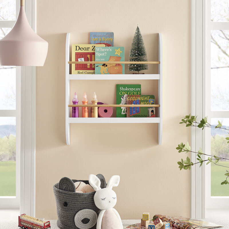 Steiner White Rounded Contemporary 2-Tier Kids Book or Magazine Storage Wall-Mount Bookcase with Contrasting Wood-toned Rods