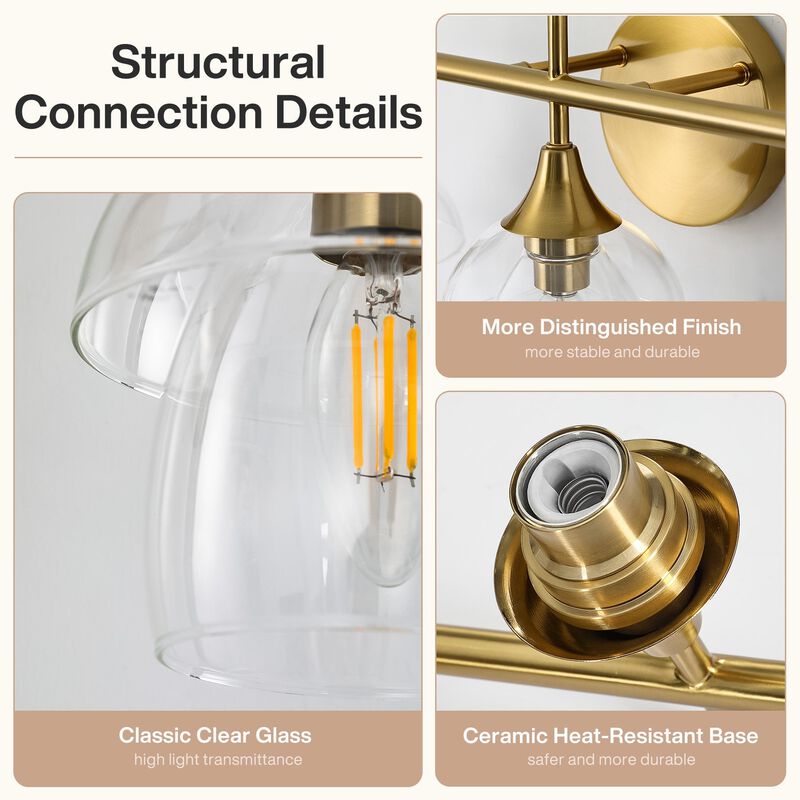 Gold Bathroom Vanity Light, Three-Light Tiered Clear Glass Shades image number 8