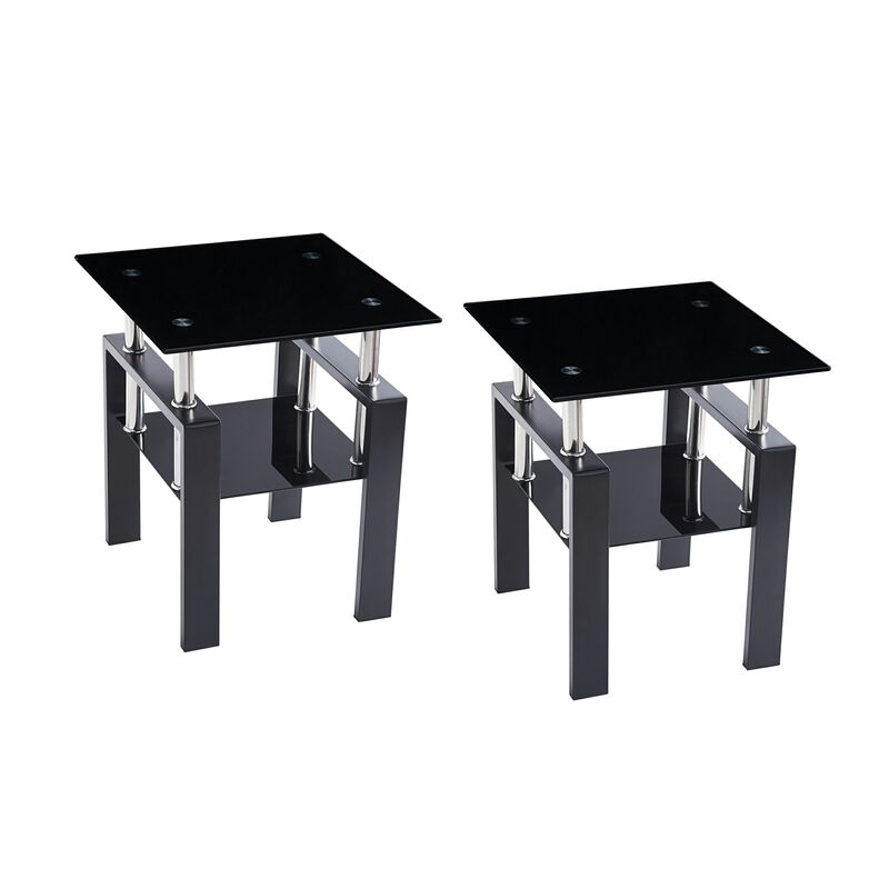 HomeRoots Set of Two Black Glass and Metal Square End Tables With Shelf image number 0