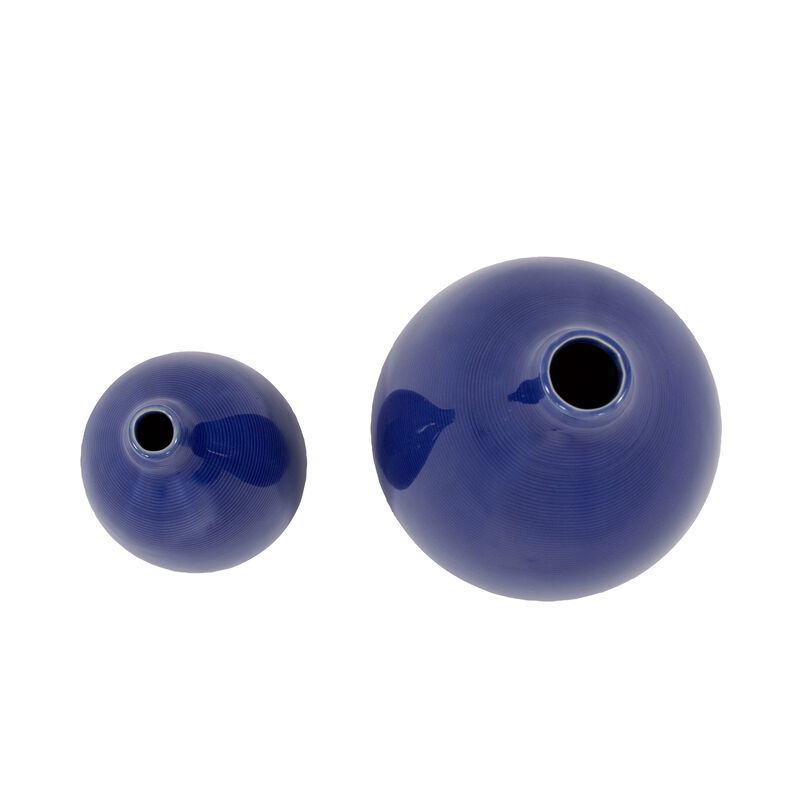 Modern Set of 2 Deep Indigo Ceramic Bulb Vases for Living Room or Dining