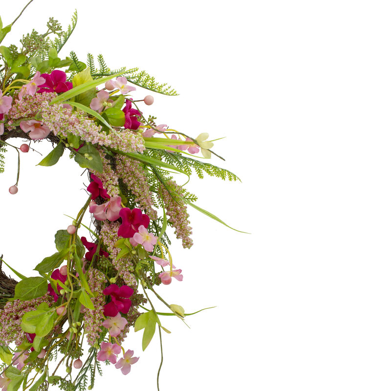 Spring Floral Foliage and Berry Twig Wreath  Pink 21"