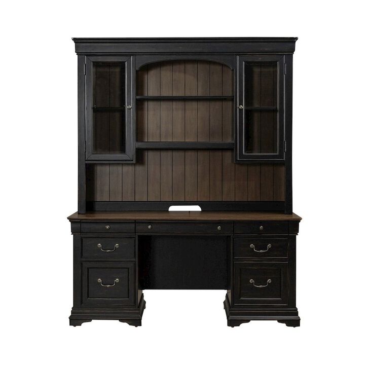 Liberty Furniture Meritage Credenza & Hutch Home Office Desk Set-Aged Charcoal, Rub Thru & Caramel