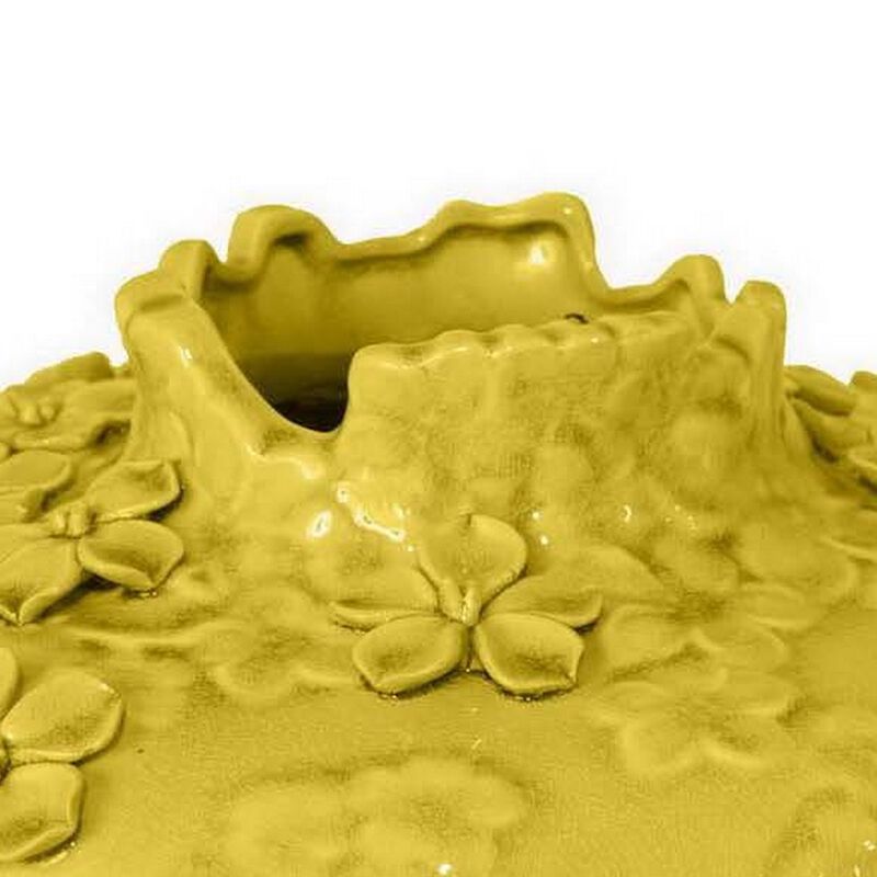 Remi Flower Vase, Decorative Yellow Ceramic w Floral Motifs, 12 Inch - Benzara