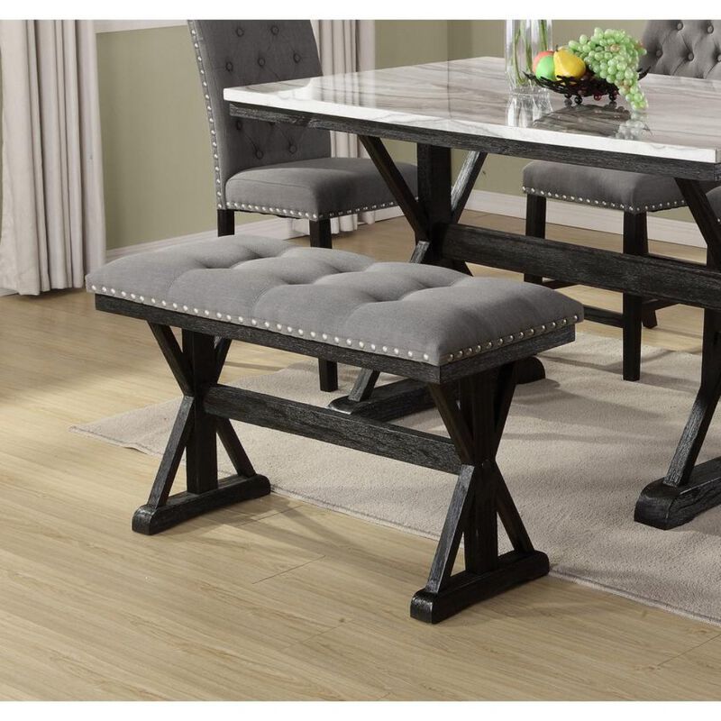 Best Quality Furniture Counter height dining bench with grey linen fabric and light espresso base