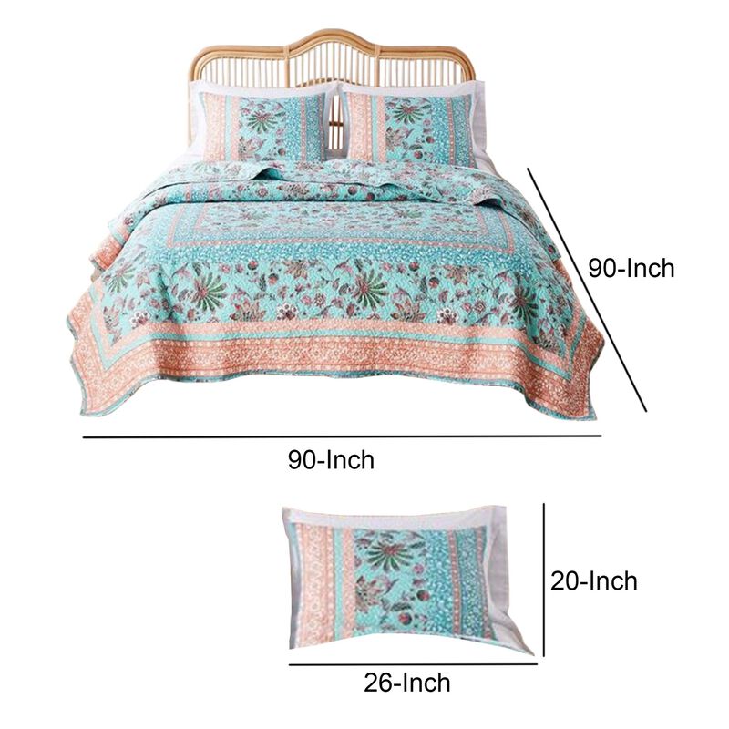 3 Piece Full Queen Quilt Set with Floral Print, Blue and White - Benzara