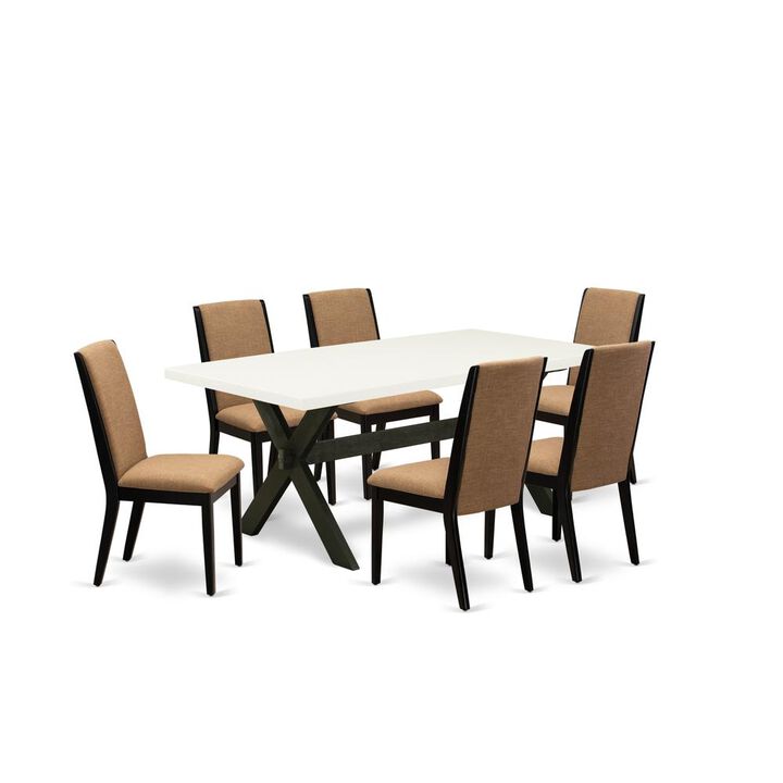 East West Furniture 7-Piece Awesome Dining Table Set a Superb Linen White Wood Dining Table Top and 6 Stunning Linen Fabric Parson Chairs with Stylish Chair Back, Wire Brushed Black Finish