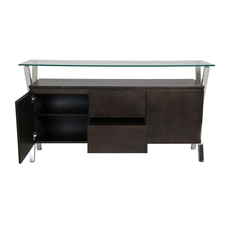 Tia Sideboard Buffet Console, 2 Doors, Chrome and Glass, Brown 63 Inch - Benzara