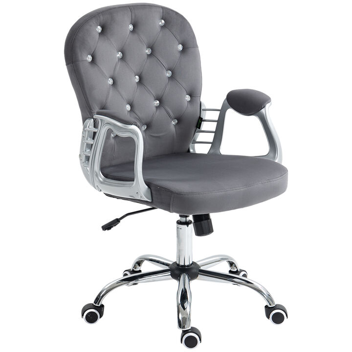 Vinsetto Velvet Home Office Chair, Button Tufted Desk Chair with Padded Armrests, Adjustable Height and Swivel Wheels, Dark Gray
