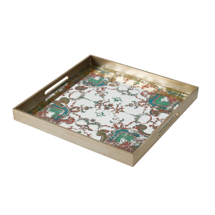 Miki 20 Inch Square Decorative Tray, Artisan Mirrored Damask Pattern, Gold-Benzara
