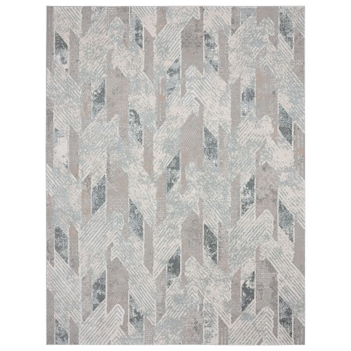 2 X 3 gray Blue And cream geometric Distressed Stain Resistant Area Rug
