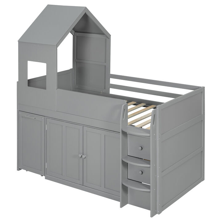 Merax Twin Size House-Style Loft Bed with Rolling Desk & Full Storage System