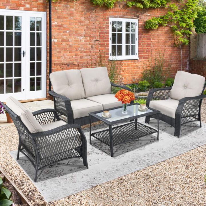 Hivvago 4 Pieces Patio Wicker Furniture Set Loveseat Sofa Coffee Table with Cushion