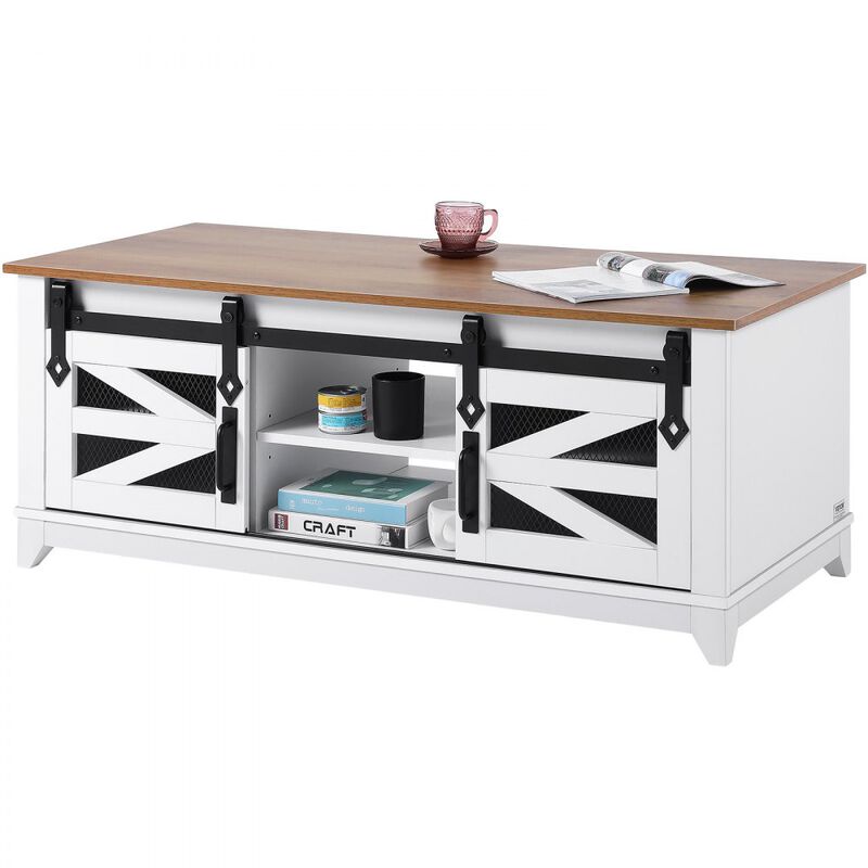 Rectangle Coffee Table with 2 Sliding Barn Doors with Removable Shelves for Living Room