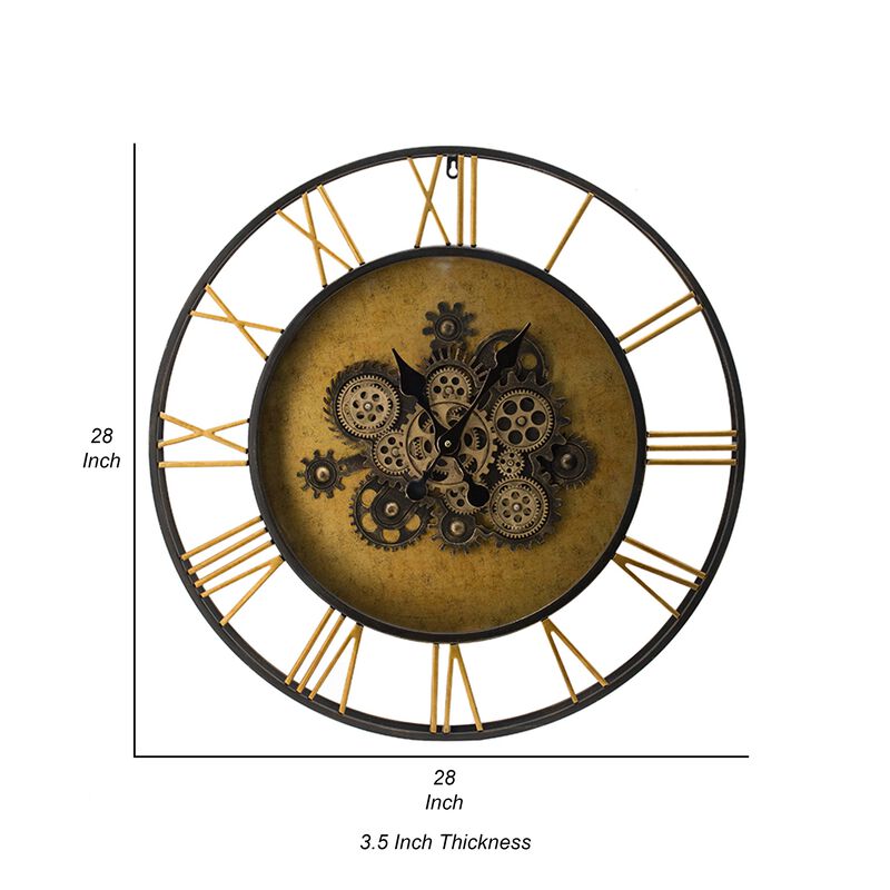 28 Inch Hanging Wall Clock, Round Gear Design, Gold and Black Iron Frame - Benzara