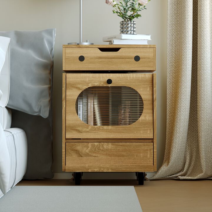 FUFU&GAGA Modern Robot Design Nightstand with 360° Swivel Top, Glass Door and Drawer, Touch LED Lighting, (18.9 in. W x 16.8 in. D x 29.4 in. H), Brown