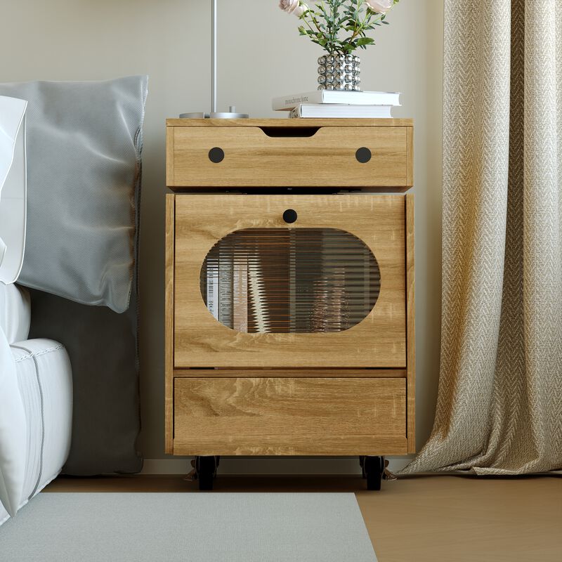 FUFU&GAGA Modern Robot Design Nightstand with 360° Swivel Top, Glass Door and Drawer, Touch LED Lighting, (18.9 in. W x 16.8 in. D x 29.4 in. H), Brown