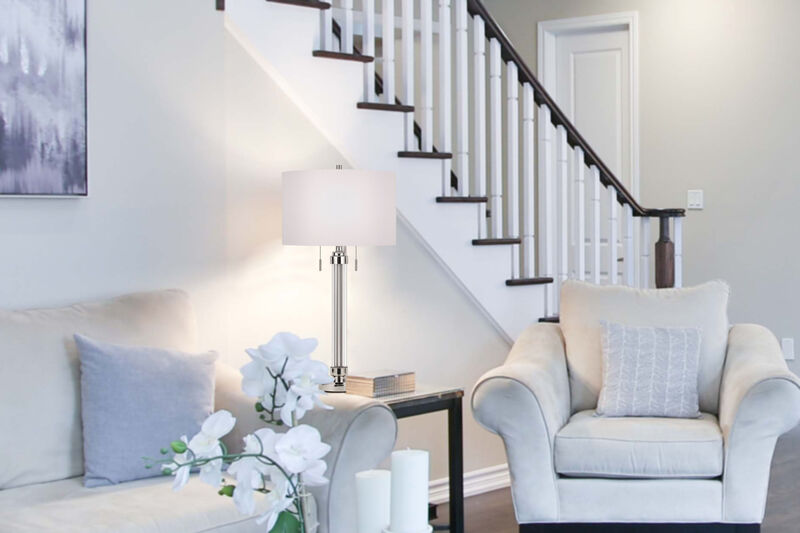 Hivvago 31" Silver Metallic Metal Two Light Cylinder Table Lamp With White Drum Shade