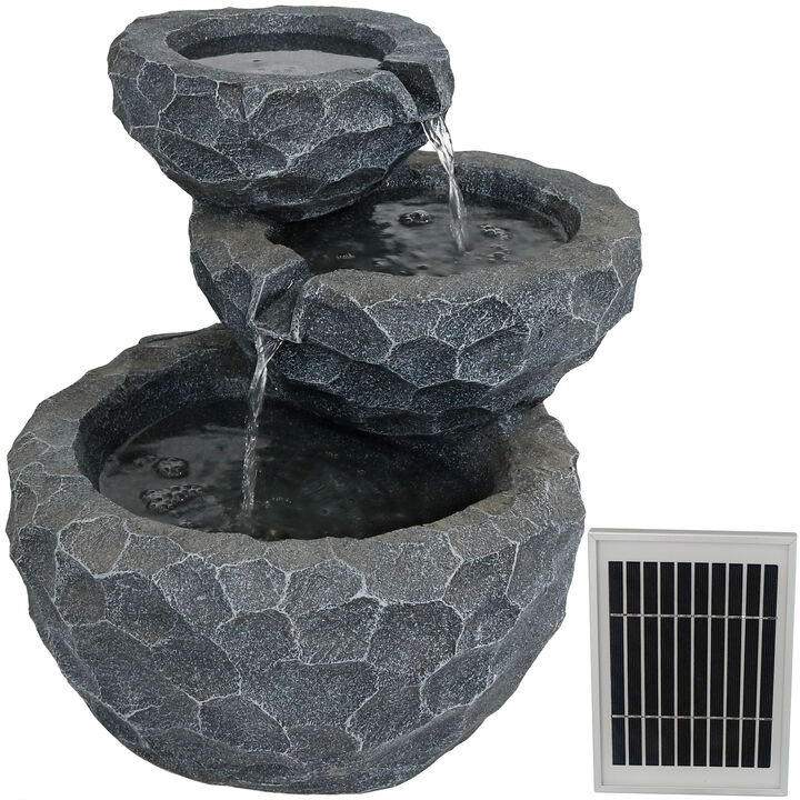 Sunnydaze 3-Tier Chiseled Basin Solar Water Fountain with Battery - 17 in