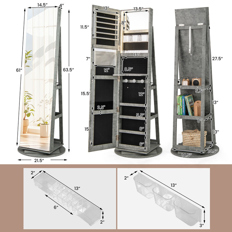 360&deg; Rotating Mirrored Jewelry Cabinet with 3 LED Modes, Lockable Storage Armoire