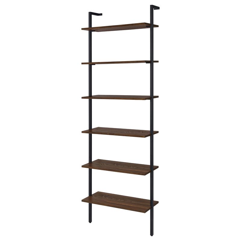 Wens Wall Mounted Bookcase Unit, 6 Open Shelves, Black Metal, Brown