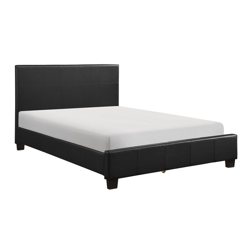 Renz Queen Size Platform Bed, Black Faux Leather Upholstery, Wood Frame - Benzara