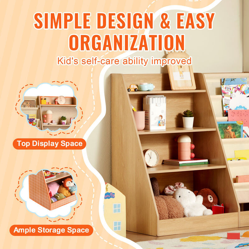 Kids Wooden Bookshelf with 6-Layer Sling Rack – 4-Tier Book & Toy Organizer for Nursery & Playroom
