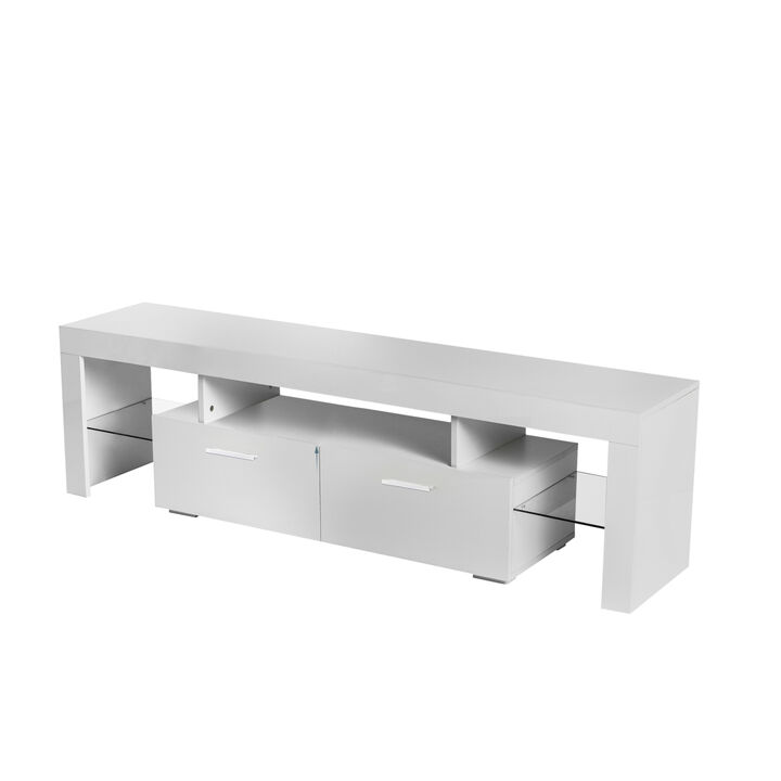 White Modern TV Stand with LED Lights, high glossy front TV Cabinet, can be assembled in Lounge Room, Living Room or Bedroom, color:WHITE
