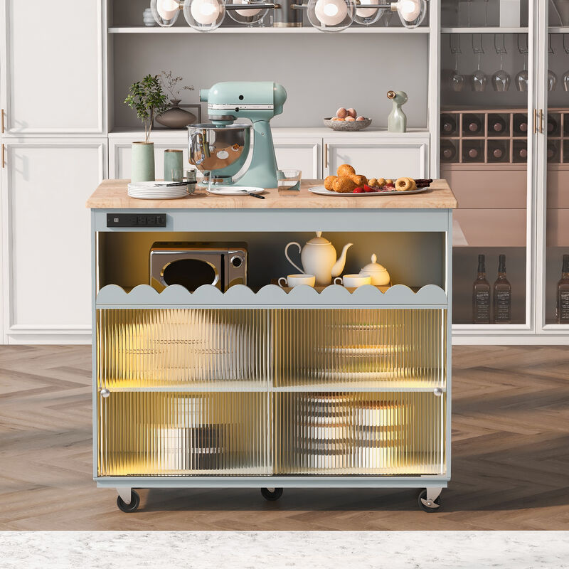 Merax Kitchen Island with Drop Leaf, LED Light Kitchen Cart on Wheels with Power Outlets, 2 Sliding Fluted Glass Doors image number 2