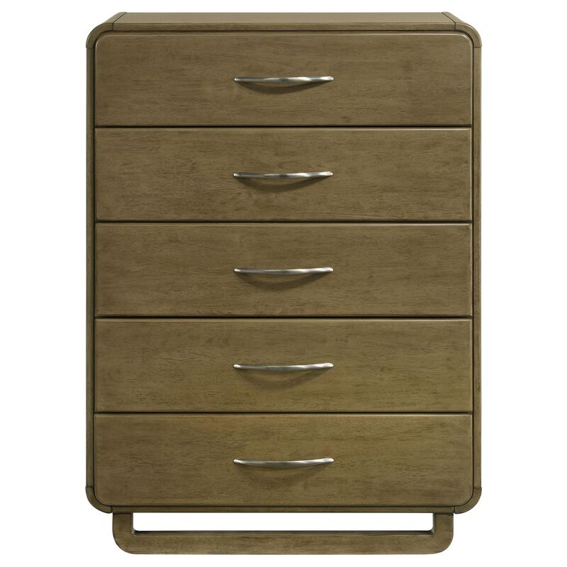 Deon Tall Dresser Chest, 5 Drawers w Nickel Handles, Nutmeg Brown - Benzara