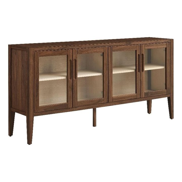 Modway Nell 72 Inch Sideboard Buffet Cabinet with Glass Doors in Walnut &ndash; Modern Storage Display Case with Adjustable Shelves for Dining Room, Kitchen, Living Room