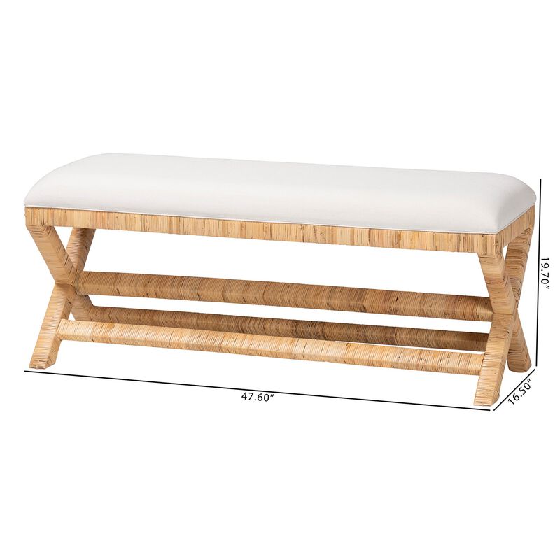 bali & pari Christy Natural Rattan Bench - Hand Wrapped Wicker Accent Seating with Upholstered Cushion and Crisscross Frame image number 6
