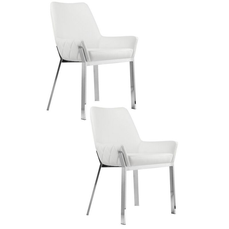 Fuma 23 Inch Set of 2 Dining Chairs, Foam Fill, White Faux Leather, Silver - Benzara image number 0