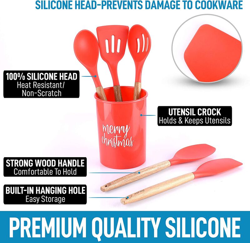 Non-Stick Silicone Utensils Set (5-Piece) with Authentic Acacia Wood Handles & Utensil Holder