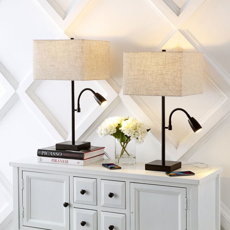 Austin 2-Light Farmhouse Industrial Iron LED Table Lamp with USB Charging Port and Adjustable Reading Light