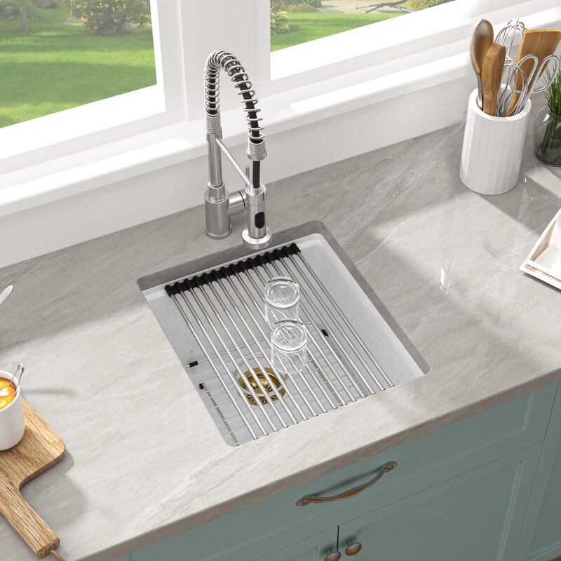 17 in. Undermount Single Bowl Workstation White Quartz Composite Kitchen Sink Round Corner with Bottom Grid. image number 2