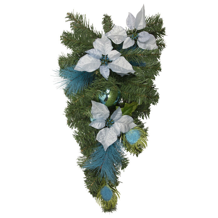 22" Peacock Feather and Poinsettia Artificial Christmas Teardrop Swag  Unlit