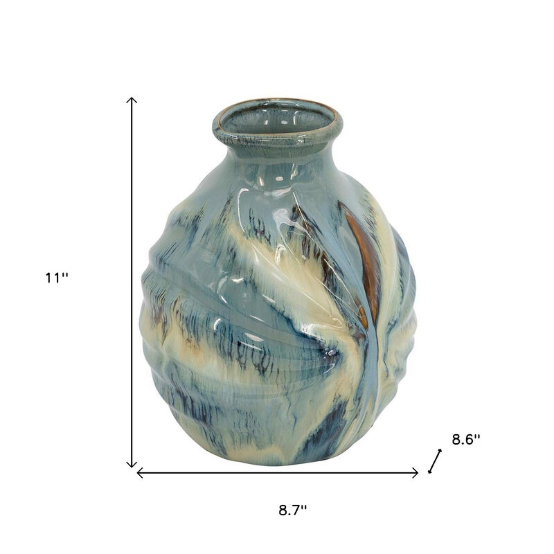 HomeRoots 11" Blue Beige And Brown Abstract Round Ceramic Table Vase image number 6