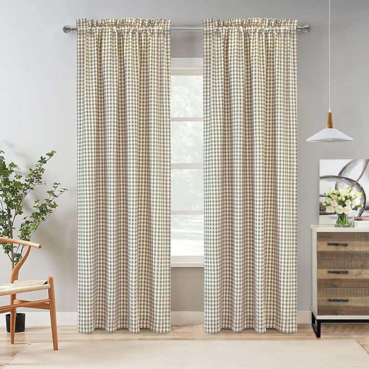 Thermalogic Checkmate Classic Room Darkening Simple Mini Check Pattern Pole Top Curtain Panel Pair Each Grey
