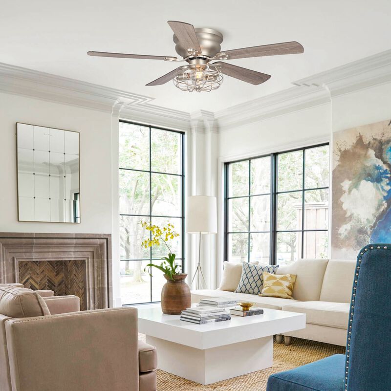 48" Industrial Wood Low Profile Ceiling Fan with Light Kit and Remote and 3-Speed Motor